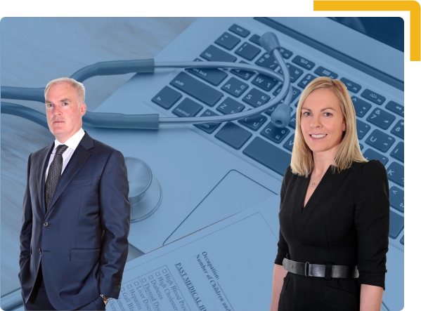Picture of Declan o’Flaherty & Lucy Boyle with a background of Stethoscope on laptop